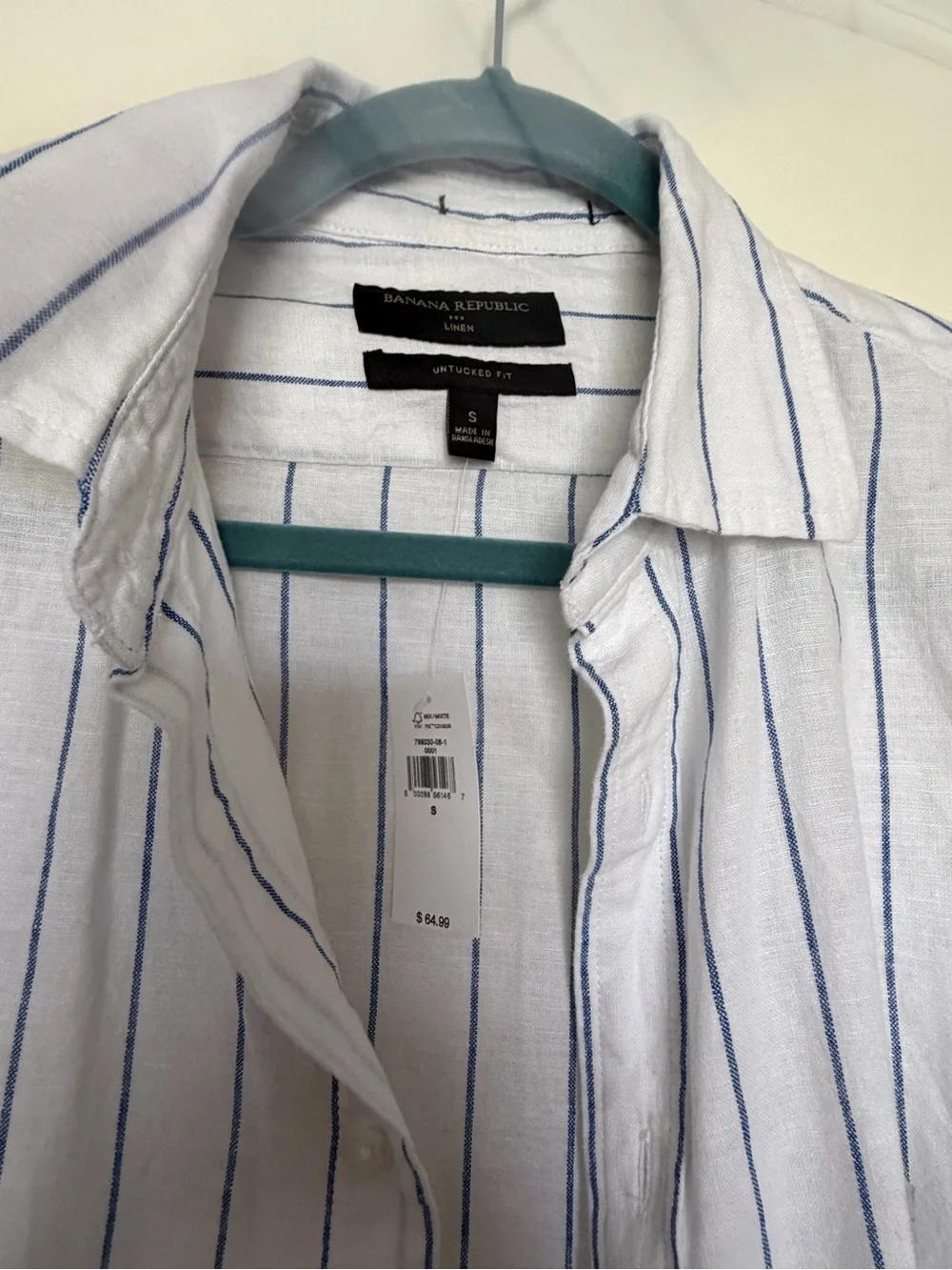 Banana Republic Untucked White Button-Down Shirt with Blue Pinstripes